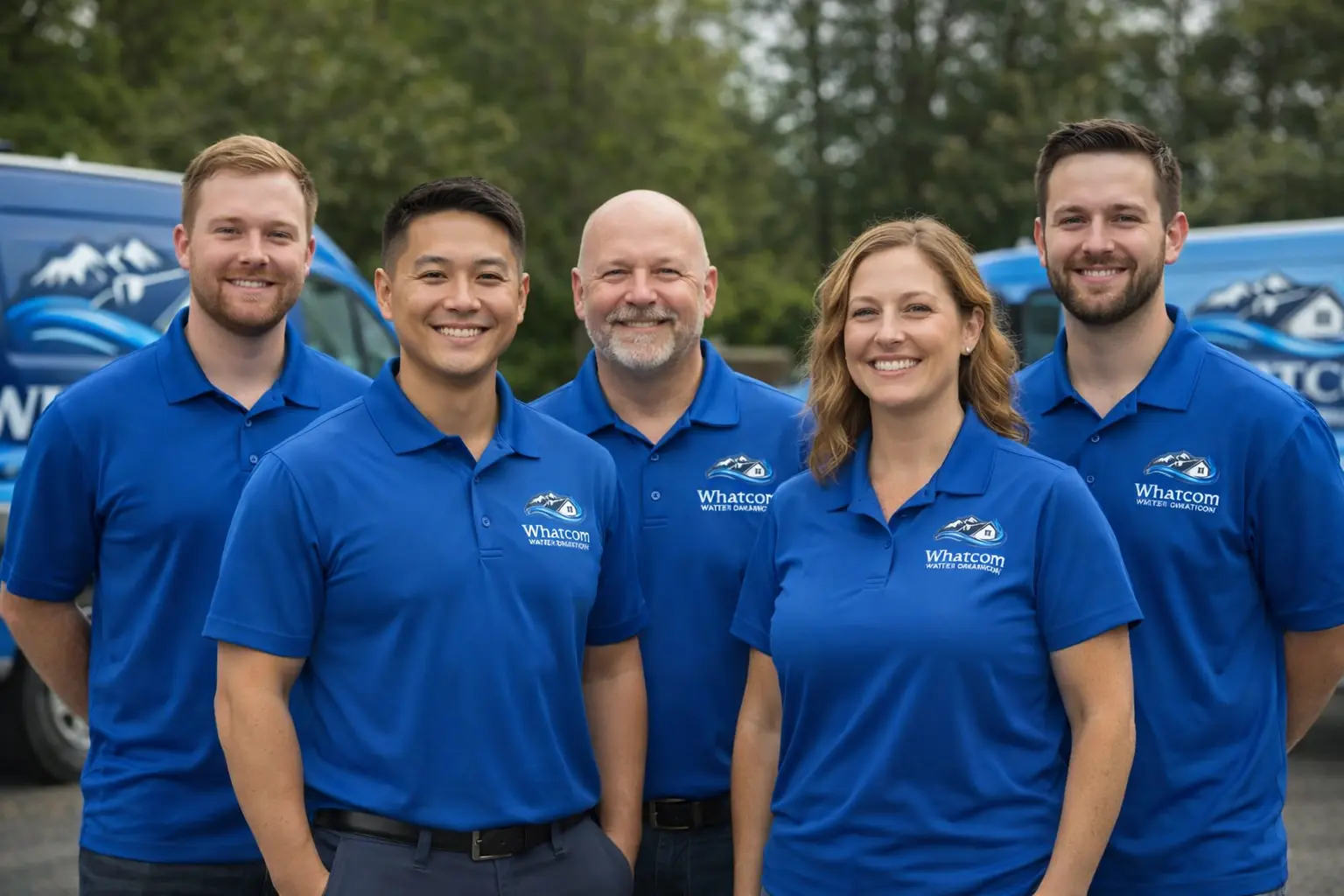 The Whatcom Water Damage Restoration team in branded blue polo shirts